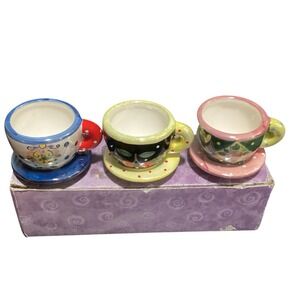 Mary Engelbreit Set of 3 Miniature Ceramic Tea Cups Hand Painted‎ Cute Designs
